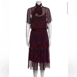 Adam Lippes Black and Multi Color Print Silk Sheer Tie Neck Dress Size 8